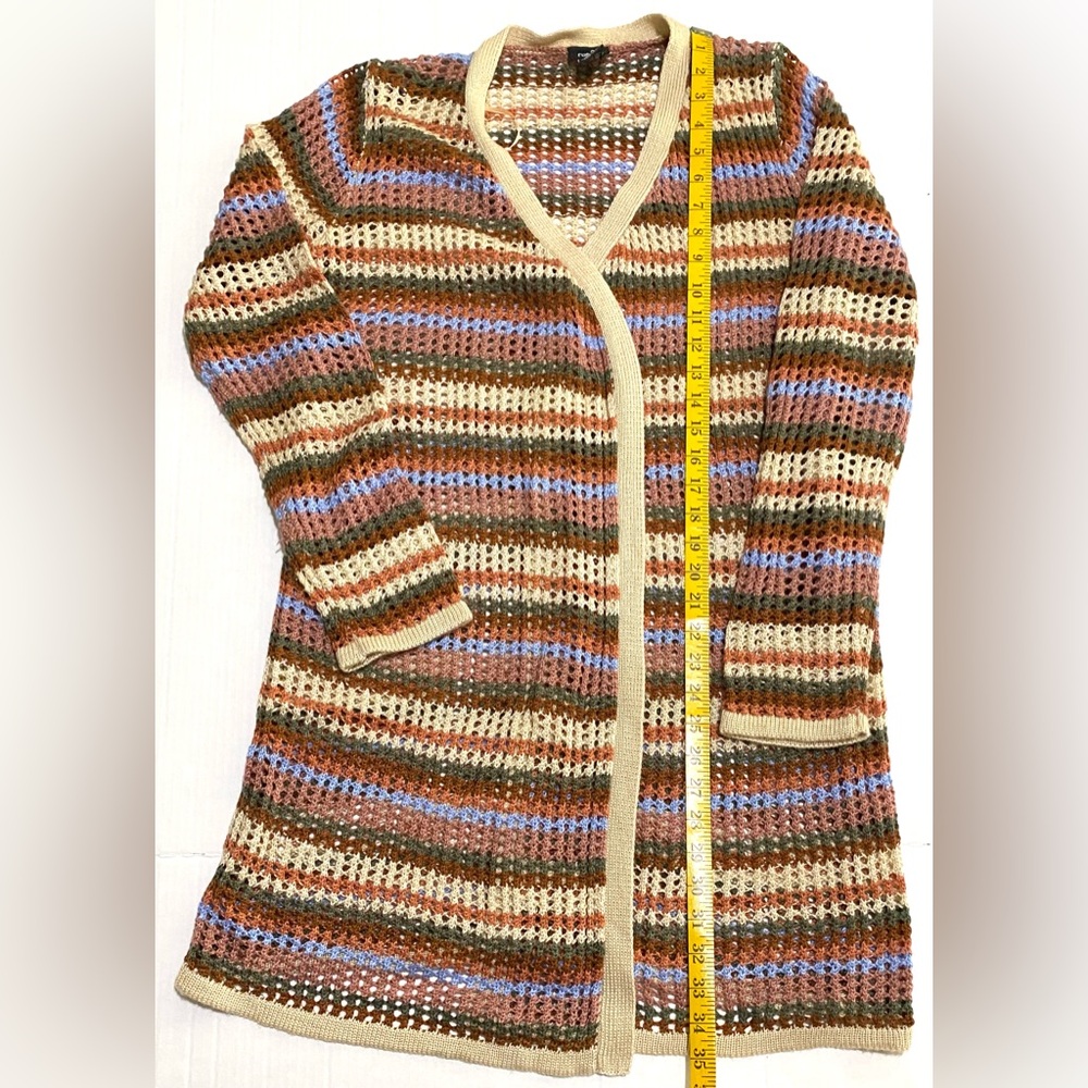 Rue 21 Womens L Brown Tan Stripe Crochet Long Cardigan Sweater Boho Eclectic Y2K - Picture 8 of 10